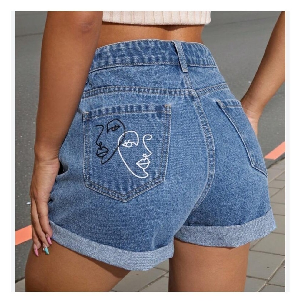 Denim Shorts Women's 6‎ High Rise Cuffed 90s Coquette Art Festival Stretch